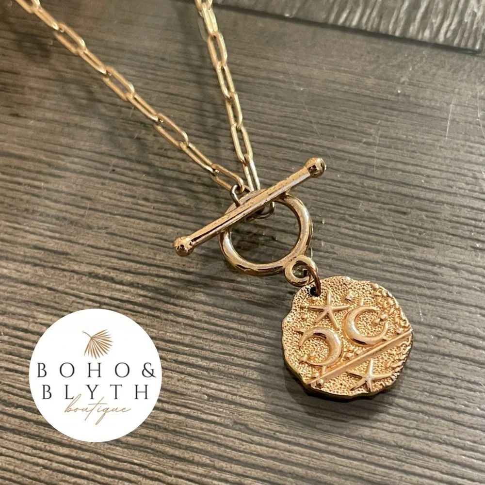 Galaxy Moon & Star Coin Gold-tone Toggle Coin Pendant Necklace - Women Jewelry